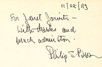 Inscription to Janet Jarvits from Philip S. Brown